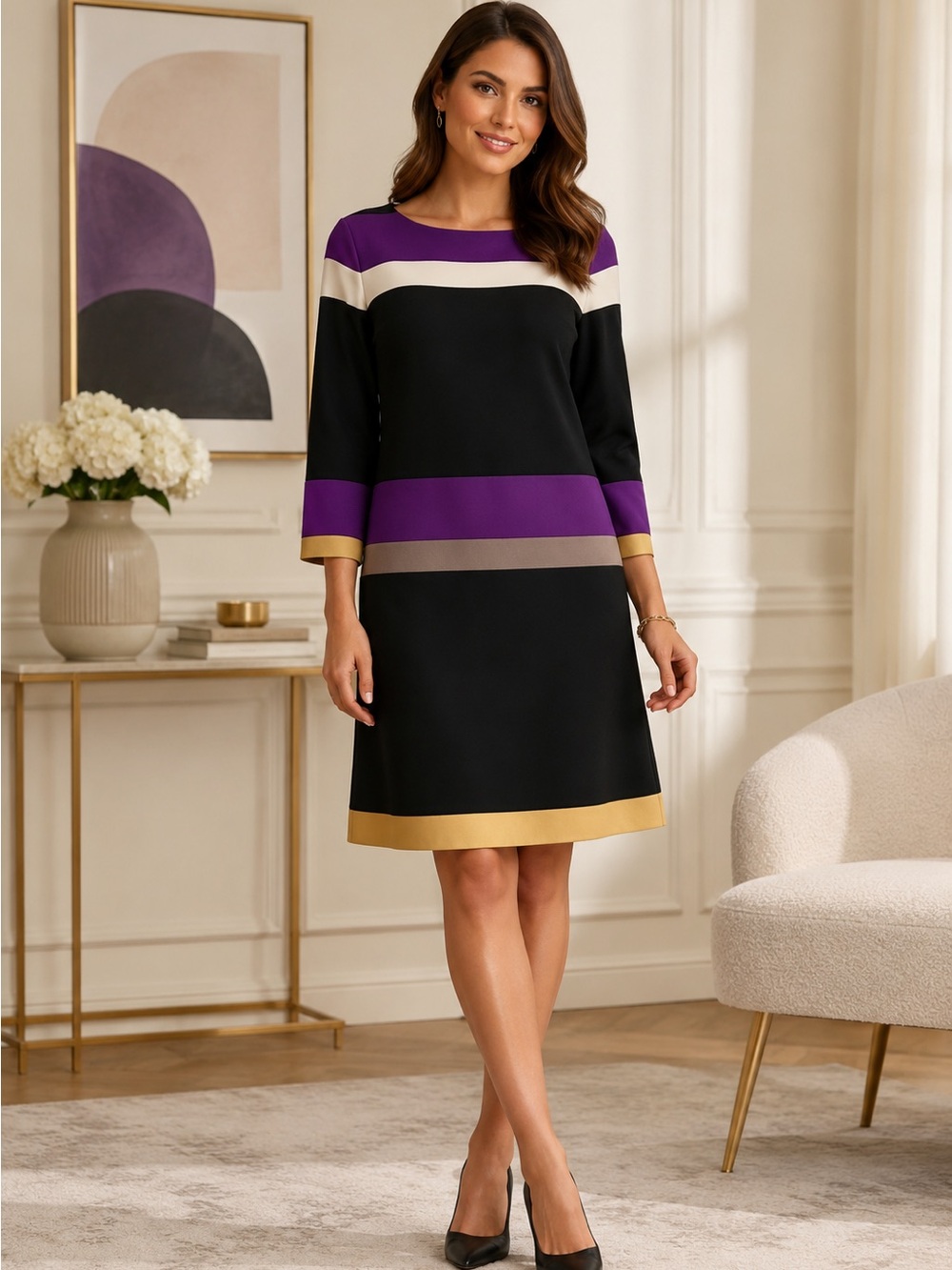 Nine West Black Dress with Purple, Cream and Gold Stripes
